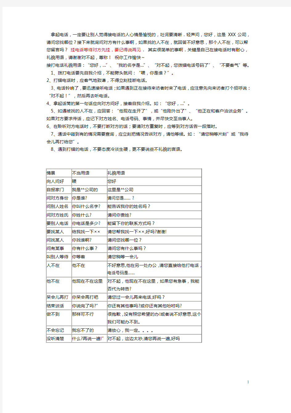 接打电话礼貌用语