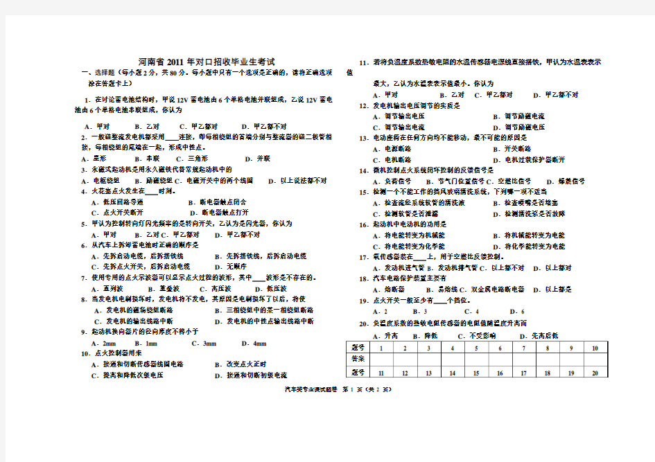 河南省2011年对口招收汽车类专业课试题卷