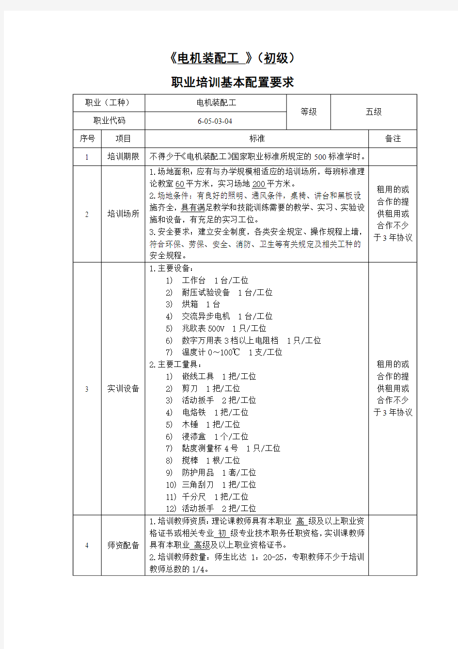 职业培训配置标准(电机装配工)