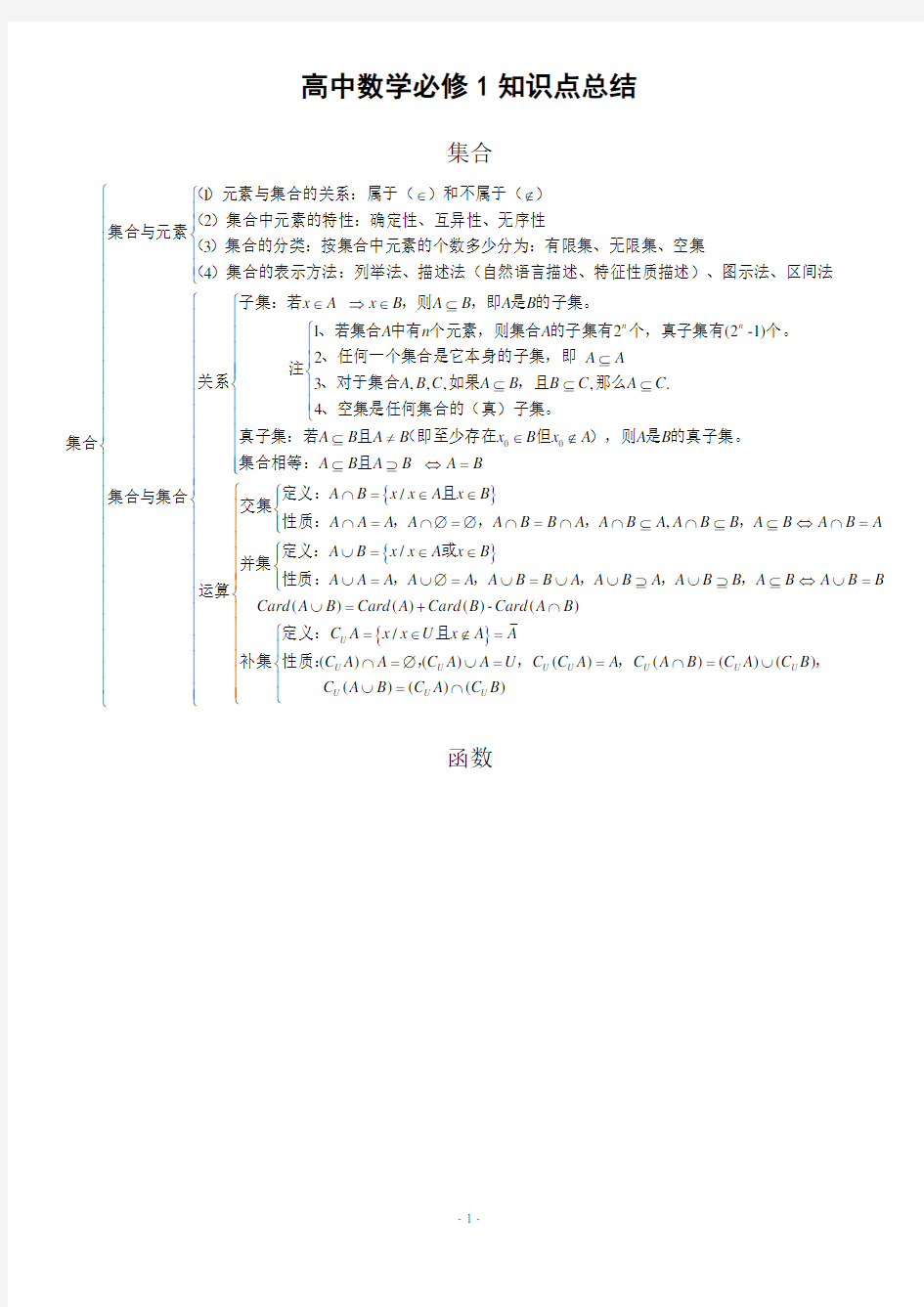 高中数学必修一知识点总结(史上最全版)