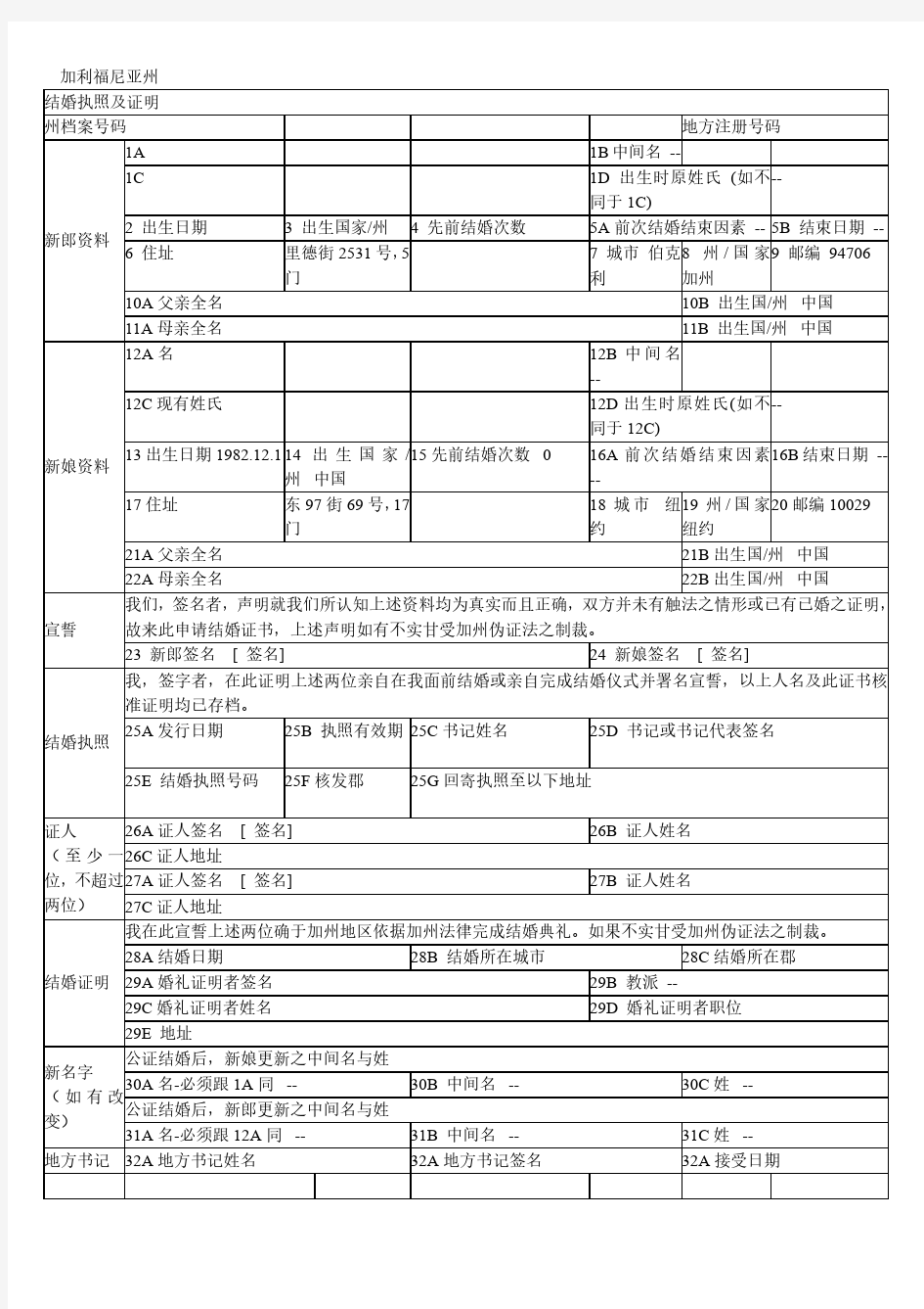 美国加利福尼亚州结婚证中文翻译模板