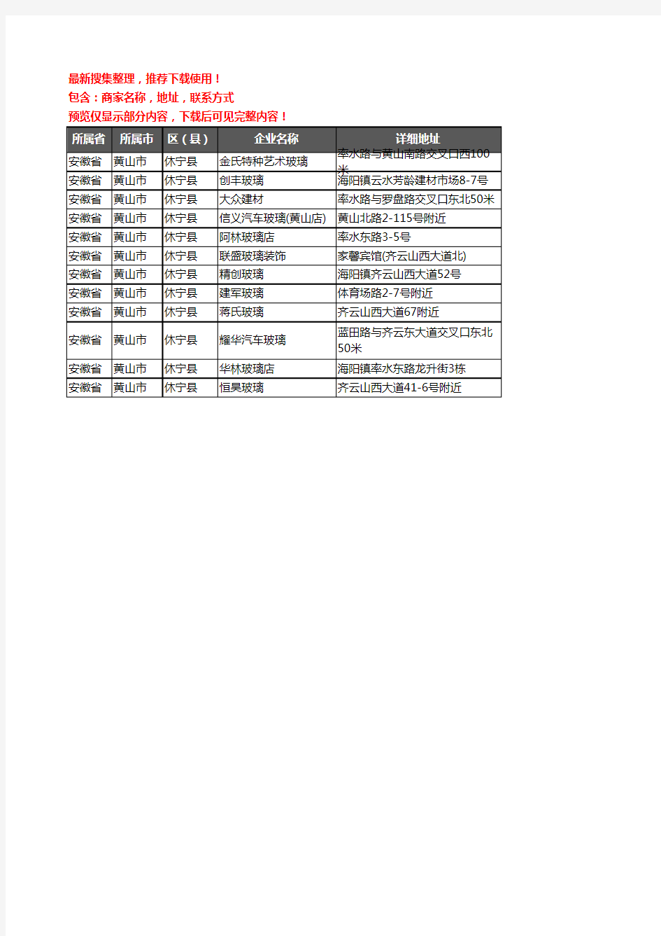 新版安徽省黄山市休宁县玻璃企业公司商家户名录单联系方式地址大全12家