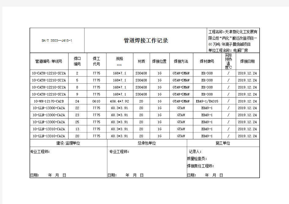 SHT 3503-J415-1管道焊接工作记录