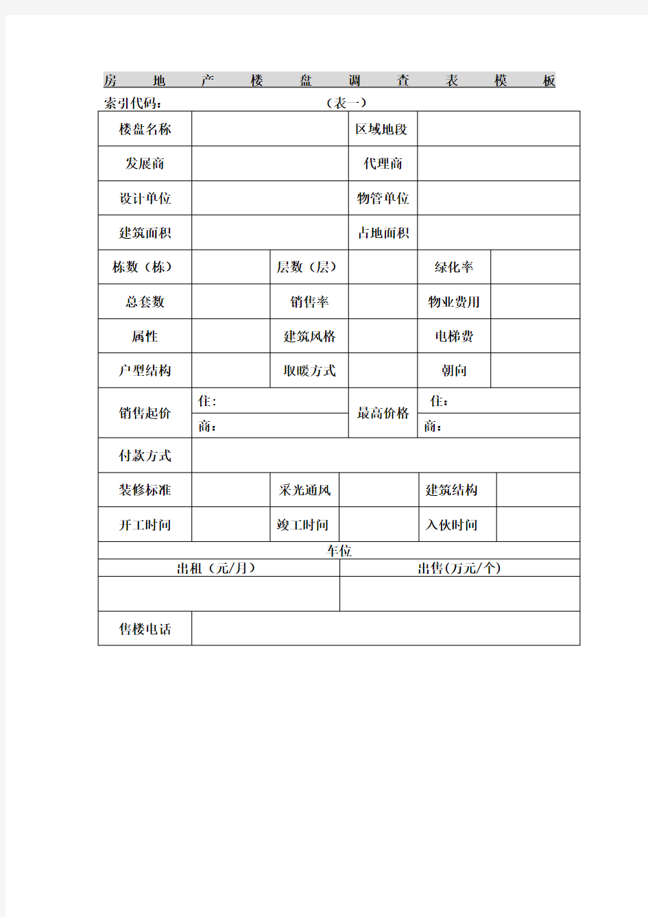 房地产楼盘调查表模板