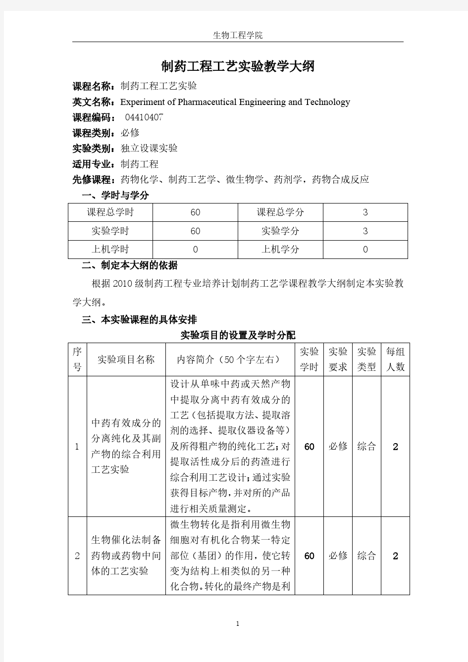 制药工程工艺实验教学大纲-天津科技大学生物工程学院