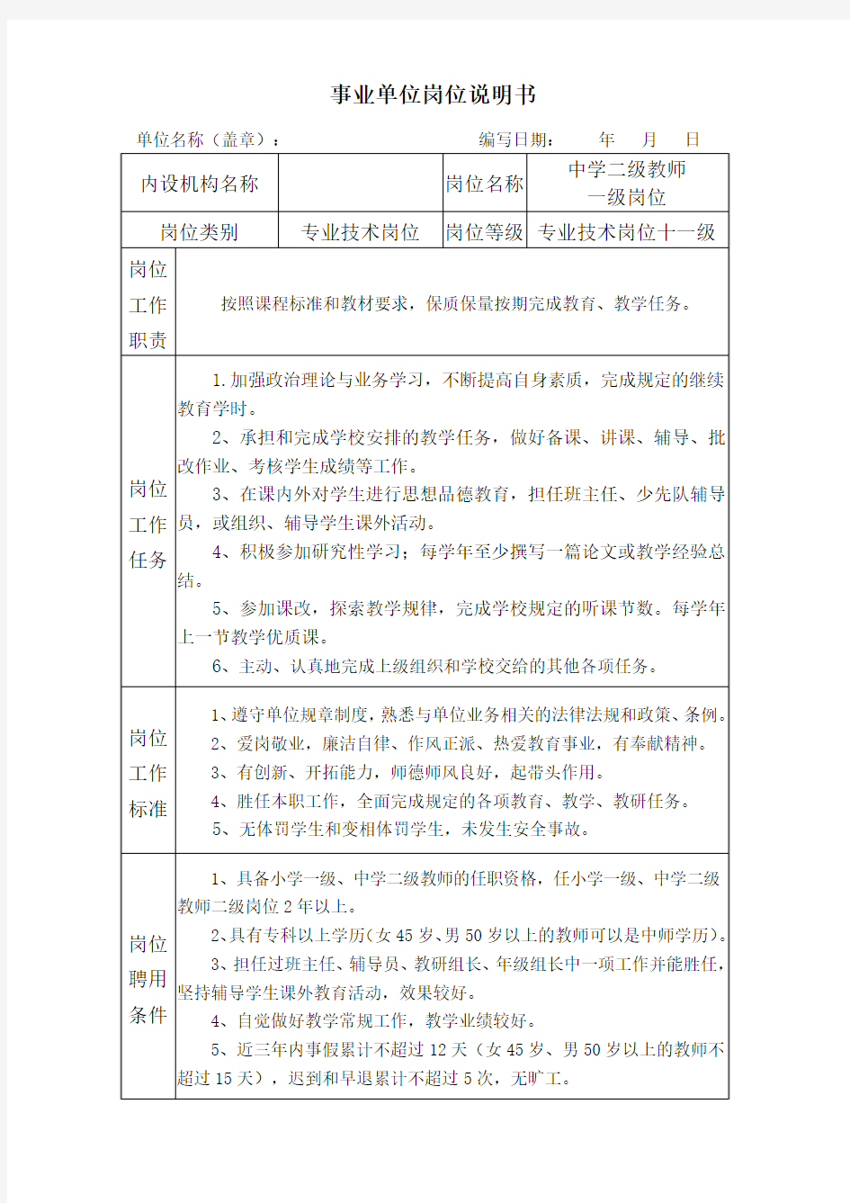 全额事业单位岗位说明书(专业技术十一级)