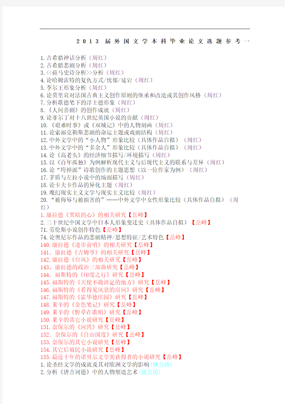 外国文学论文参考选题完整版