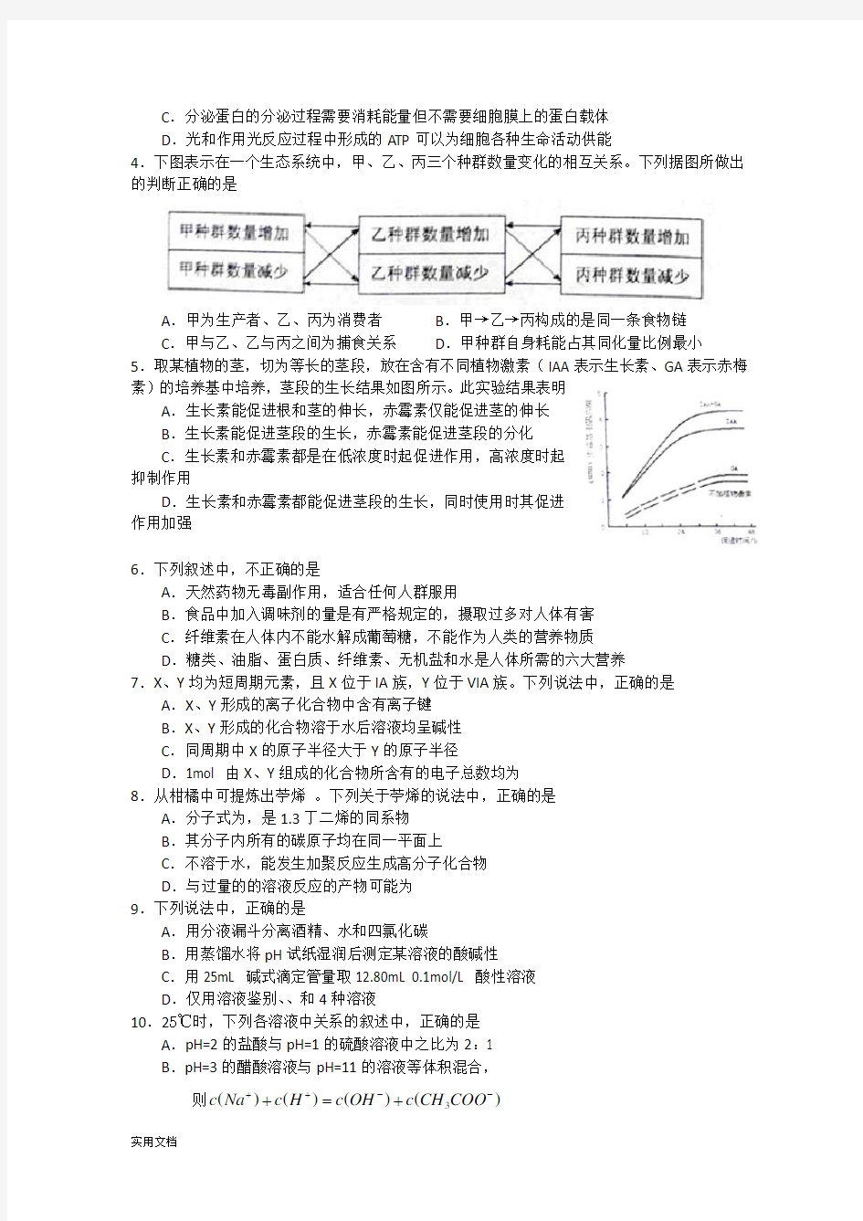 2021-2022年高三适应性训练(理综)(3月西城零模)