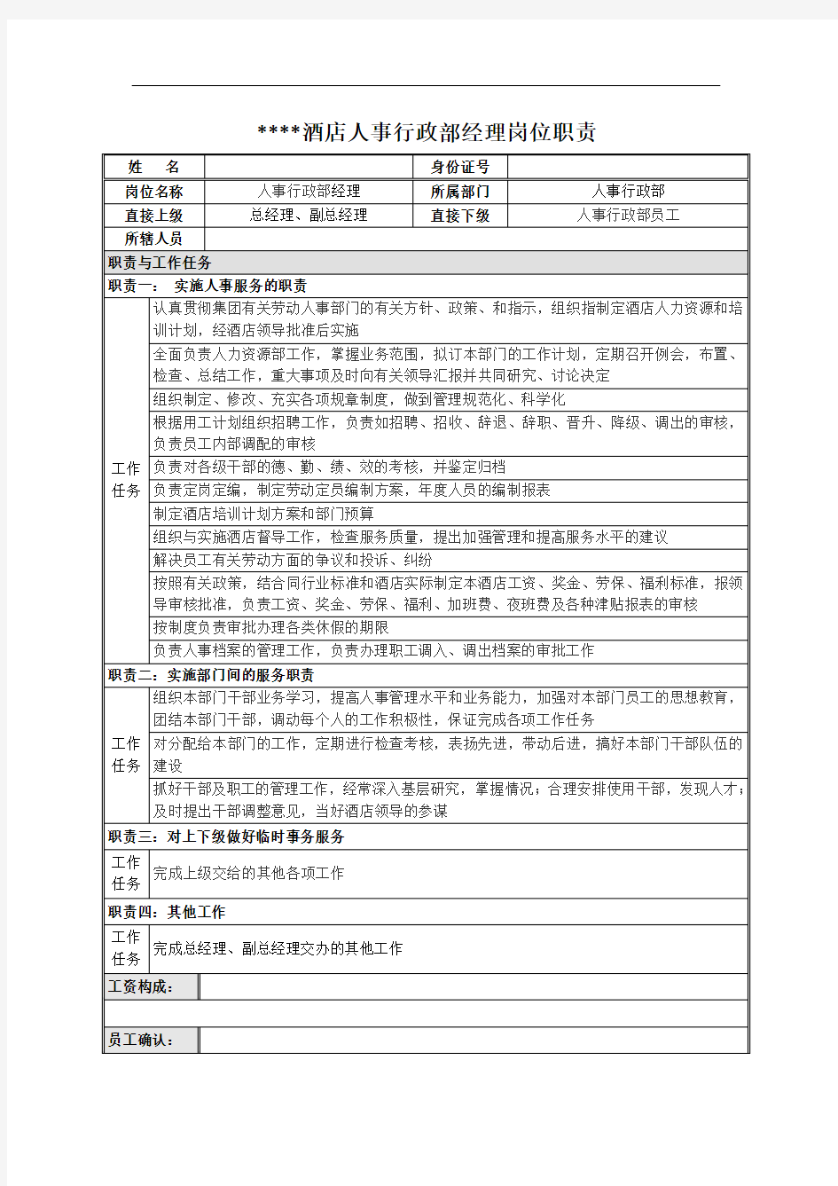 酒店人事行政部经理岗位职责