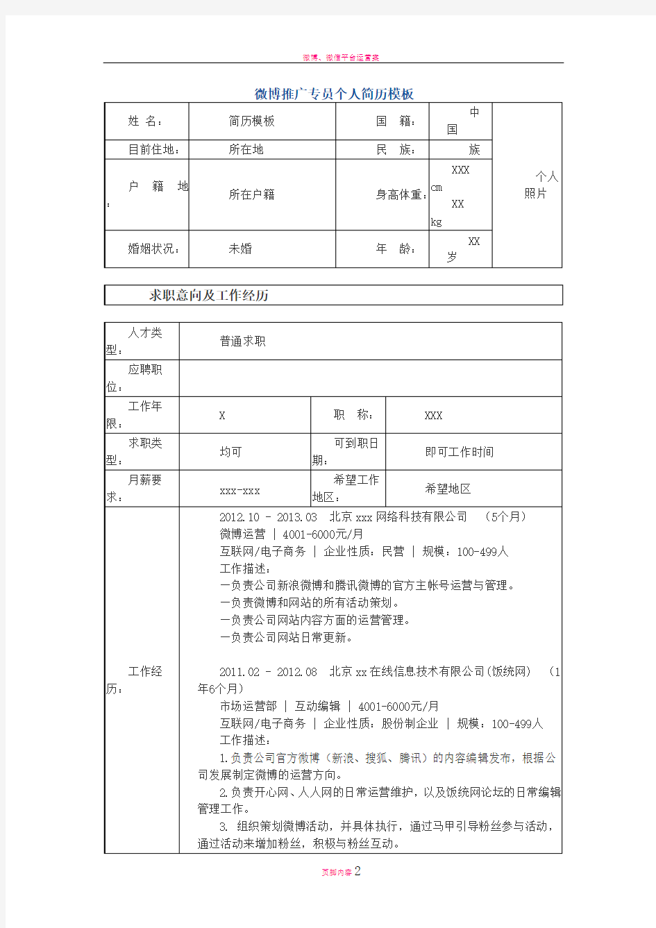 微博推广专员 个人简历模板