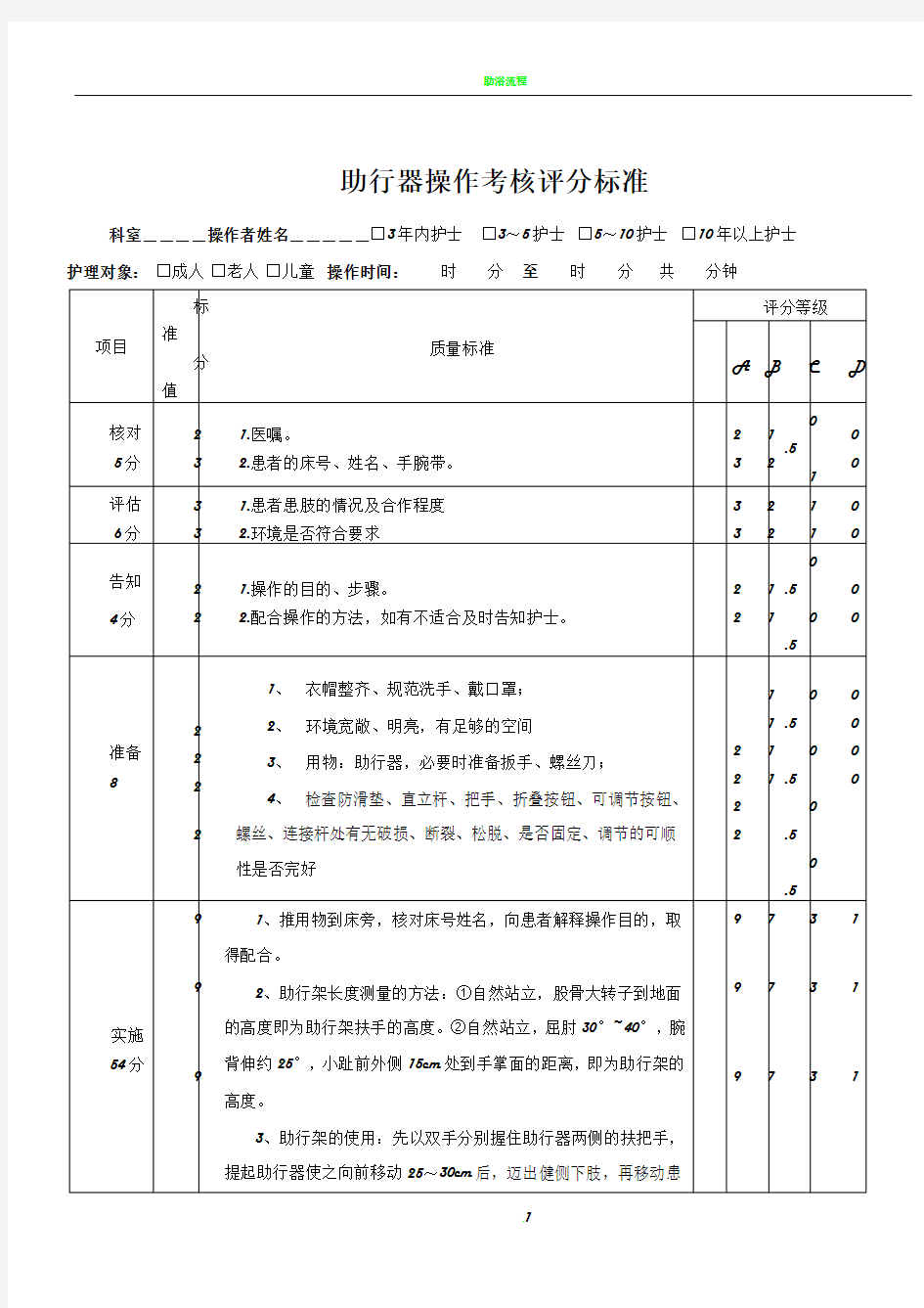 助行器操作流程及评分标准