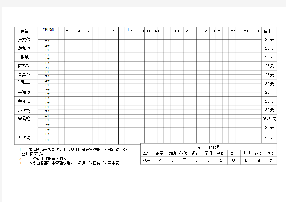 员工考勤记录表