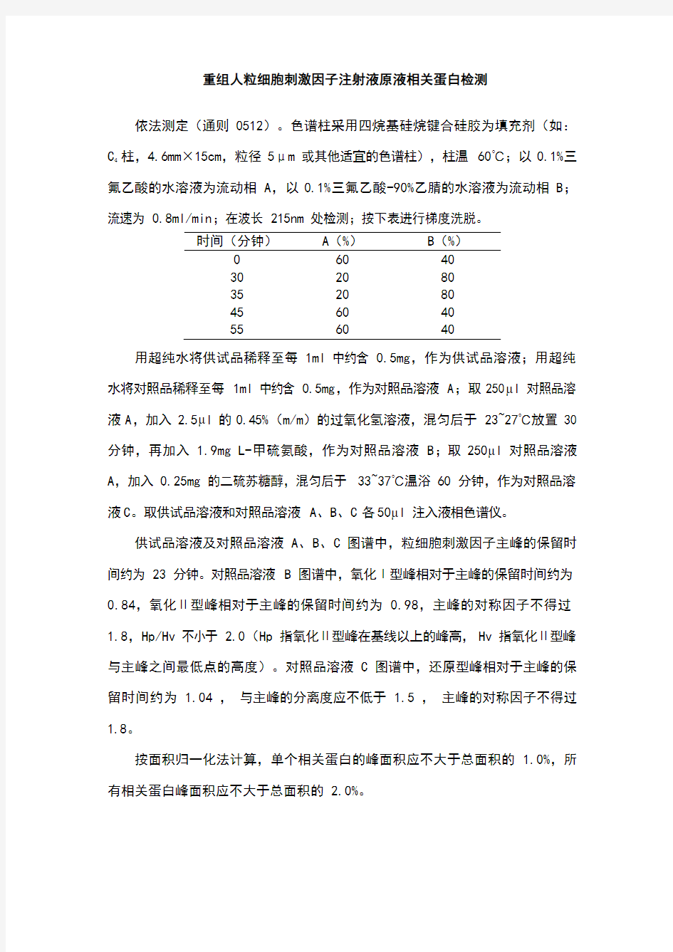 《中国药典》2020版重组人粒细胞刺激因子注射液原液相关蛋白检测国家标准草案公示稿