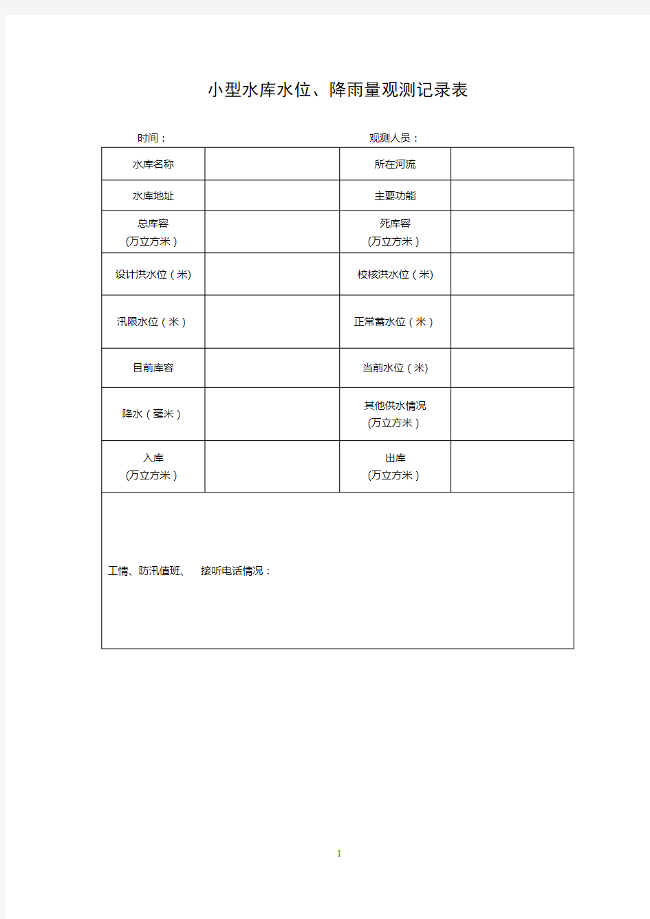 小型水库水位、降雨量观测记录表