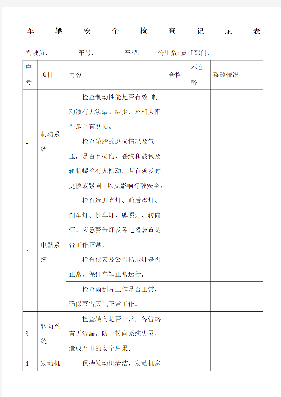 车辆安全检查记录表格