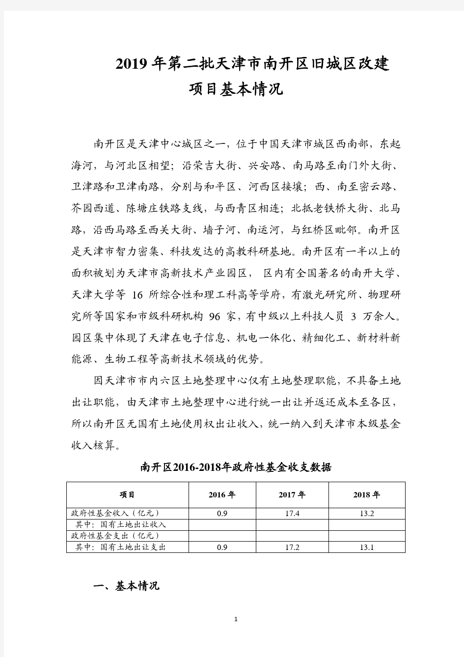 2019年第二批天津市南开区旧城区改建项目基本情况