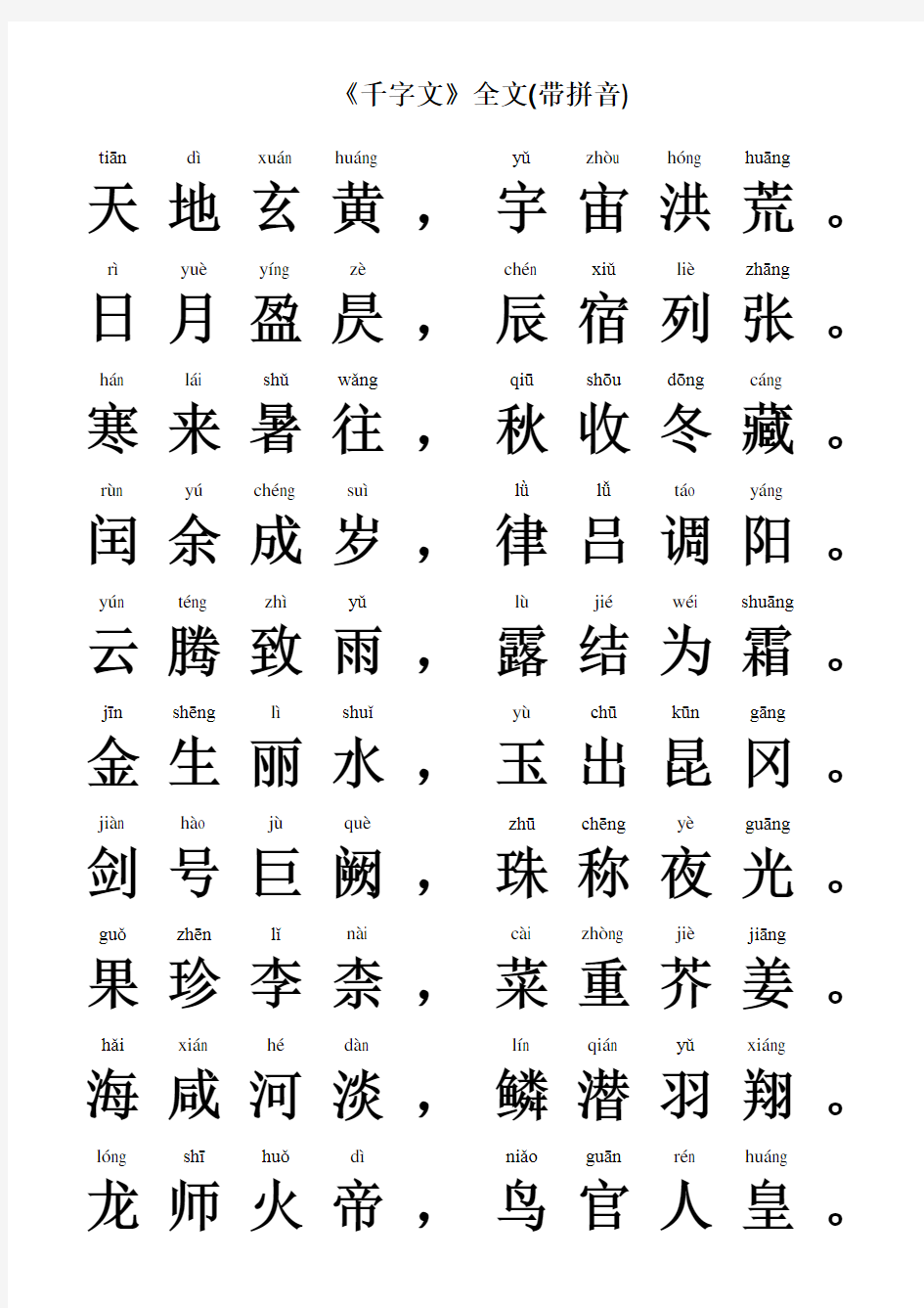 《千字文》全文(带拼音)