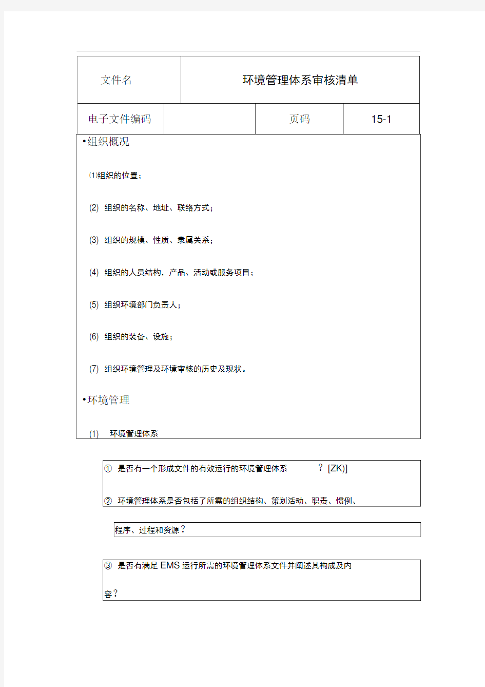 环境管理体系审核列表