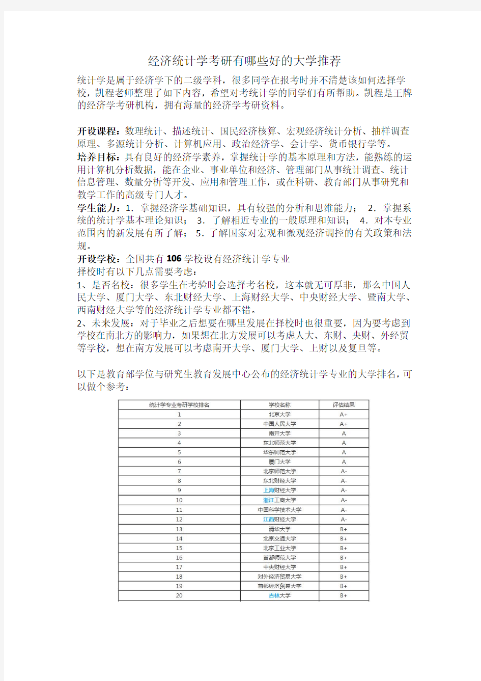 经济学考研—统计学专业介绍及学校推荐