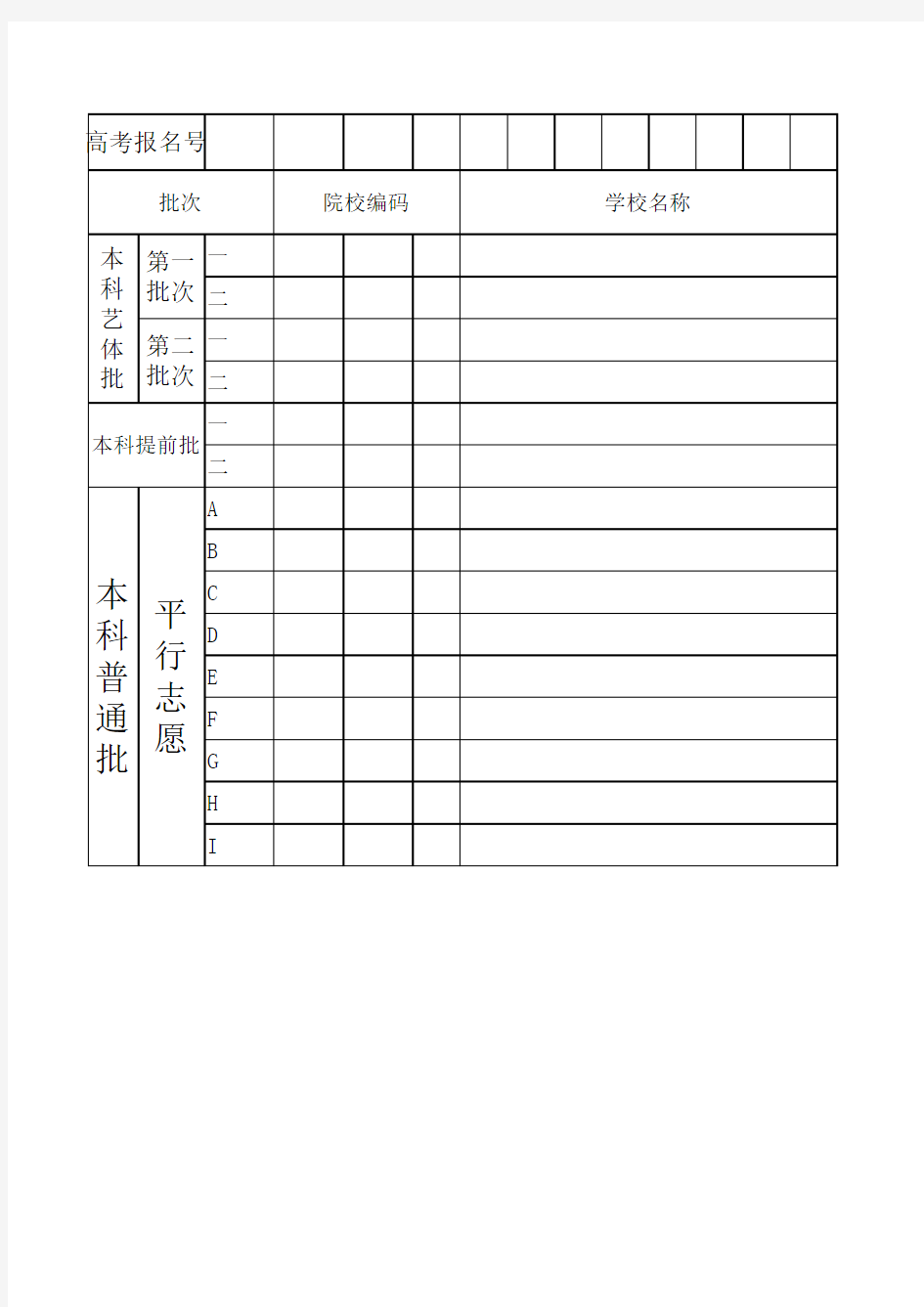 2016年上海市普通高等学校招生考生志愿表一