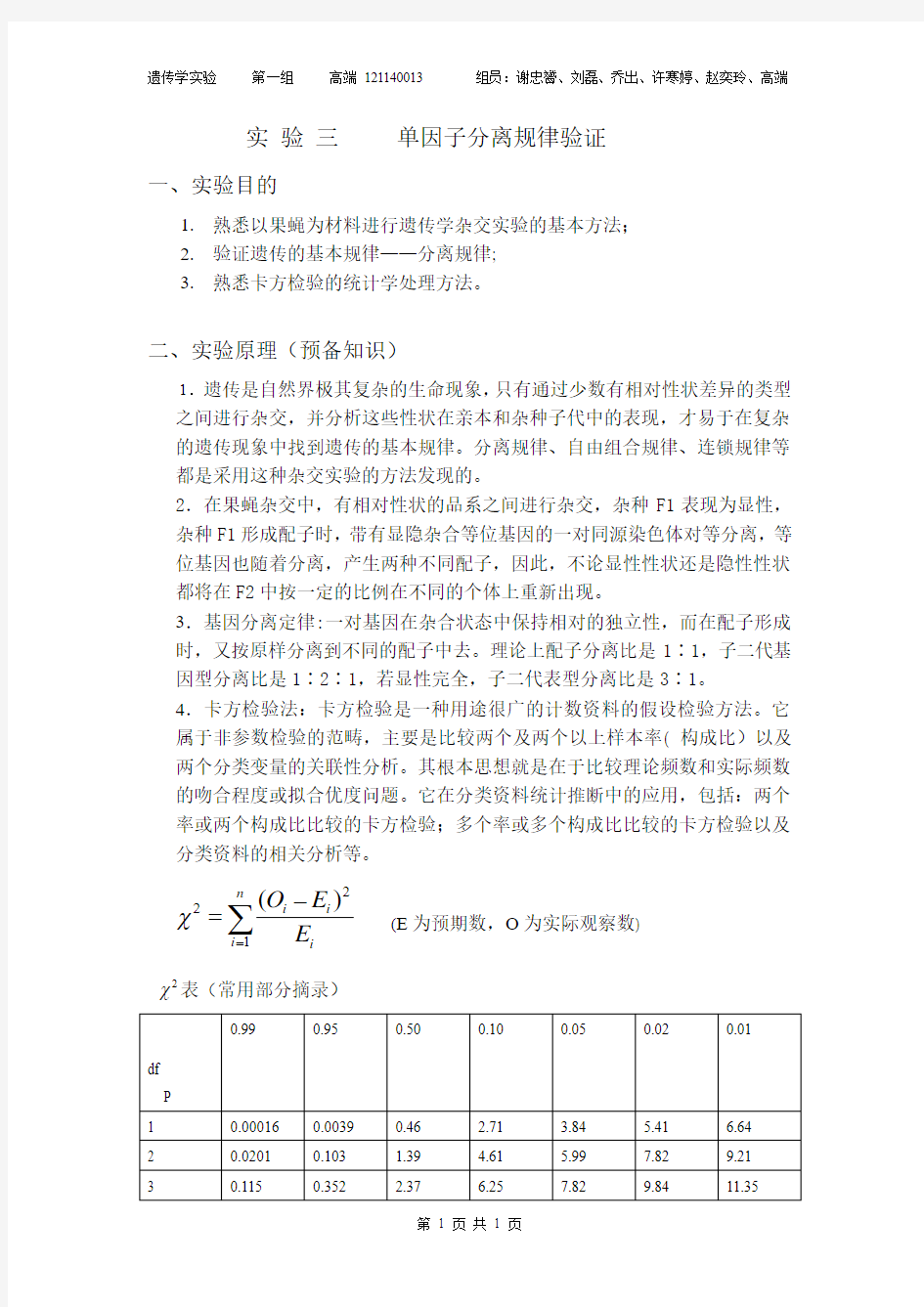 遗传学单因子验证试验