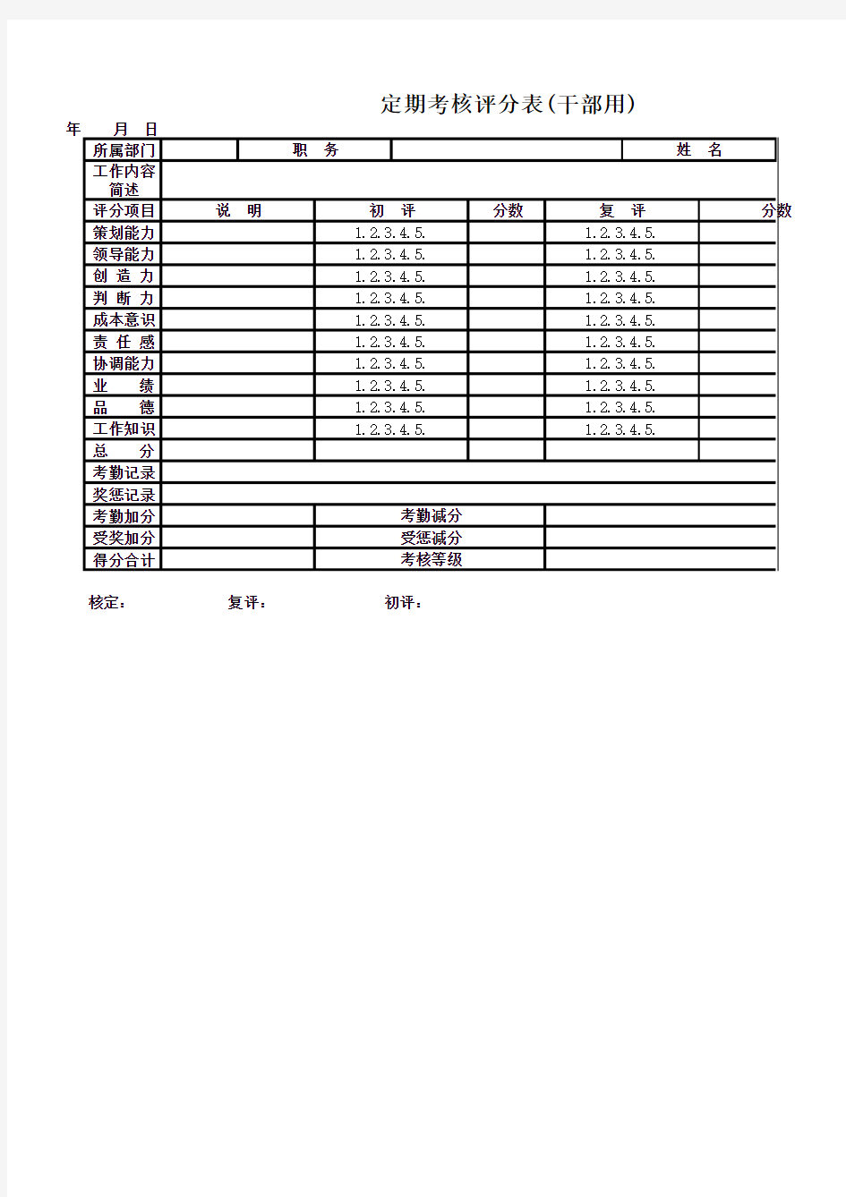 定期考核评分表(干部用)