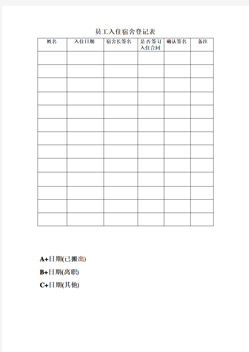 员工入住宿舍登记表