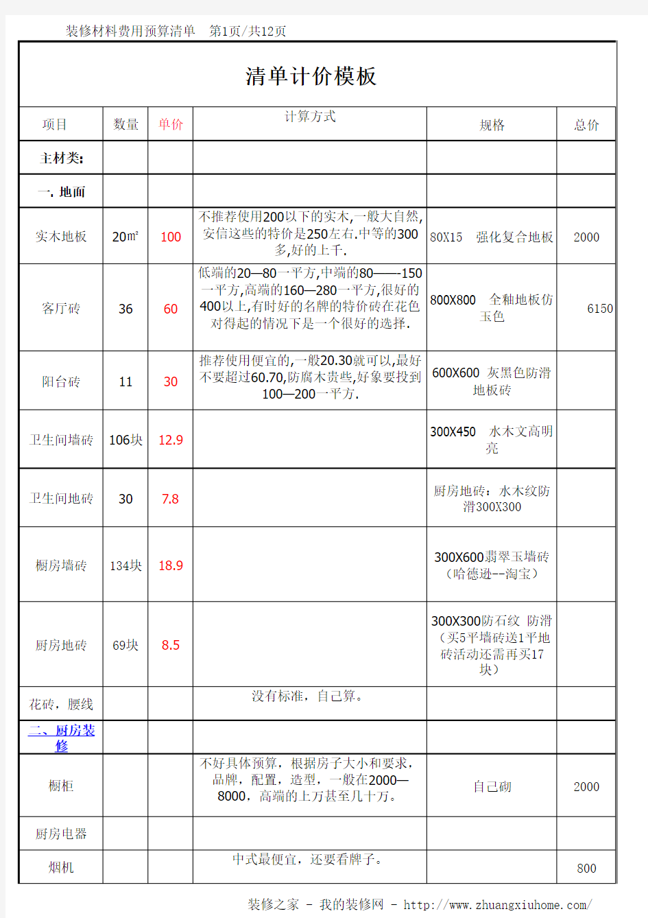 家装预算清单模板