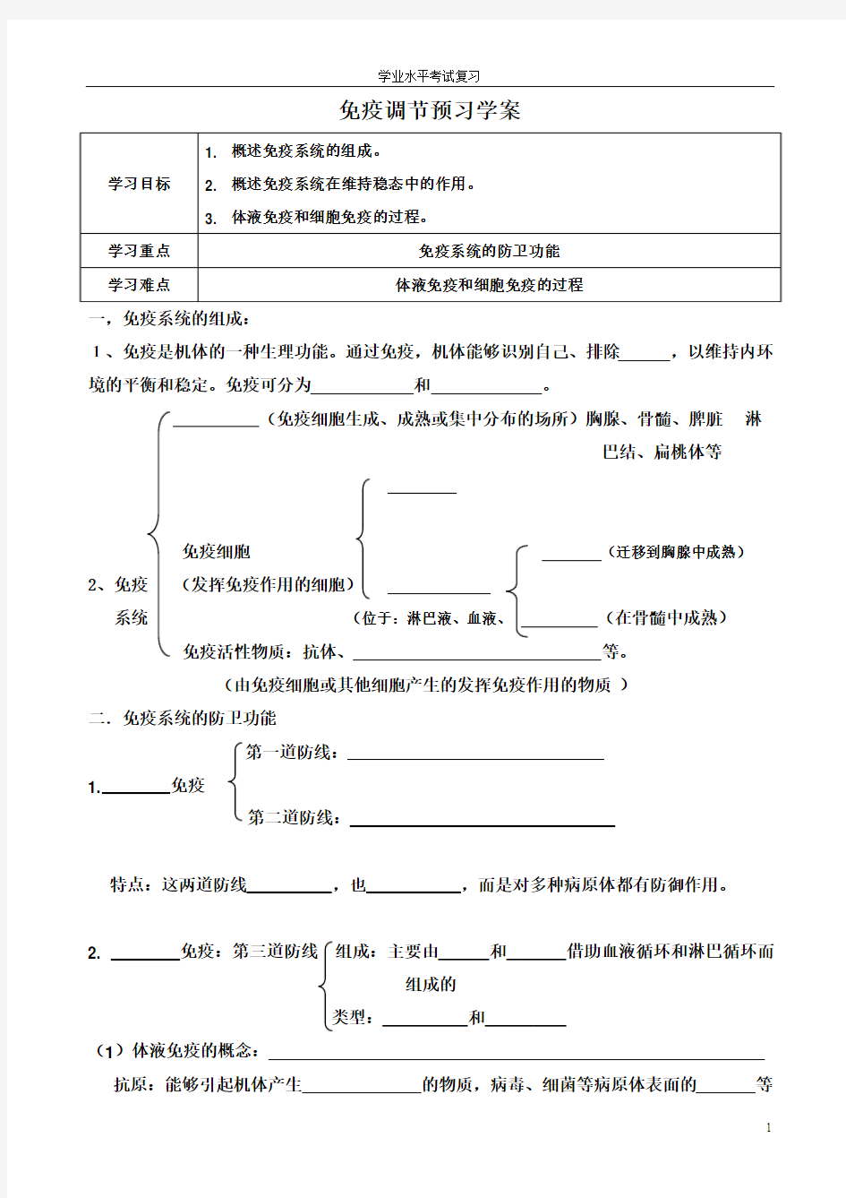 免疫调节预习学案