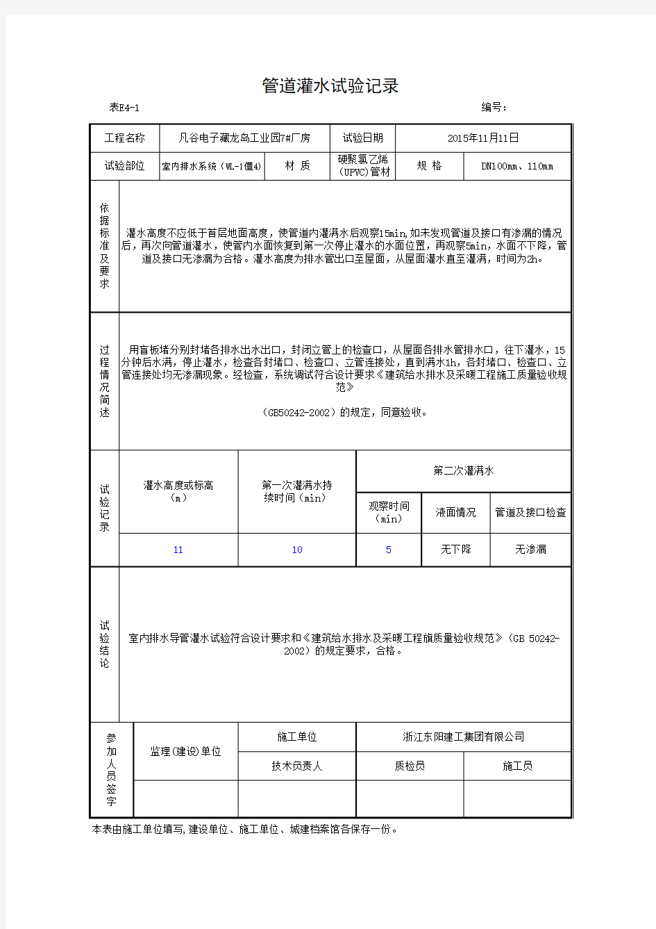 管道灌水试验记录