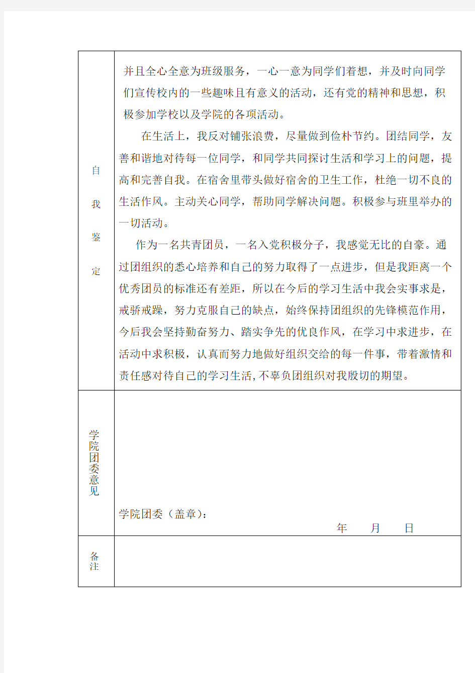 “优秀共青团员”申报表填写范例