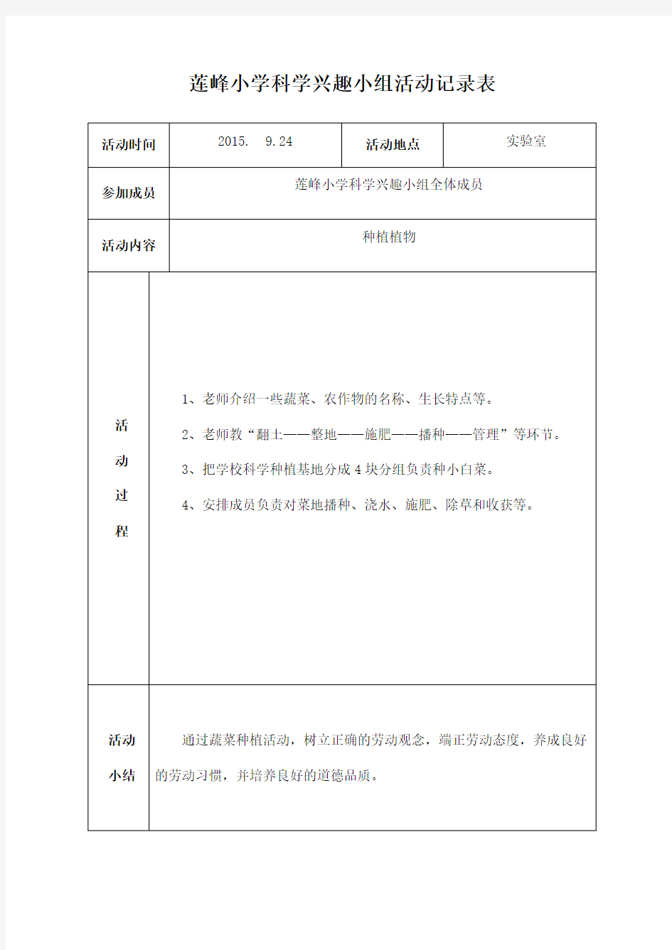 莲峰小学科学兴趣小组活动记录表
