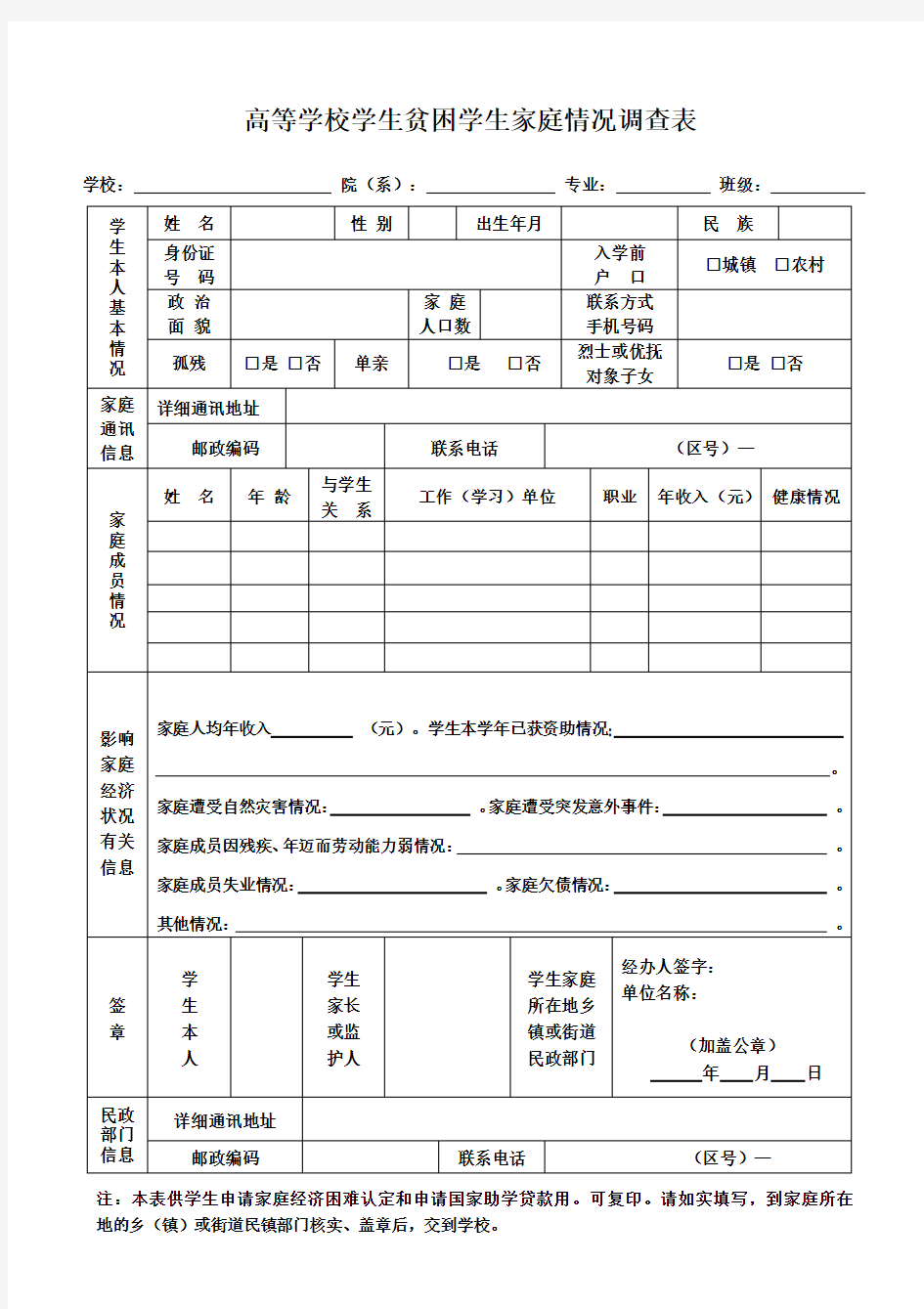 高等学校贫困学生家庭情况调查表