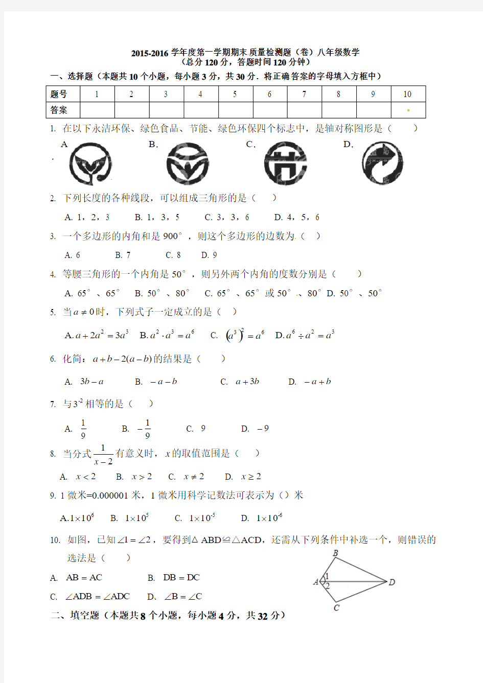 2015-2016学年度第一学期期末 质量检测题(卷)八年级数学附答案