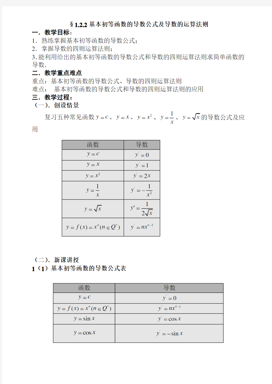 基本初等函数的导数公式及运算法则教案