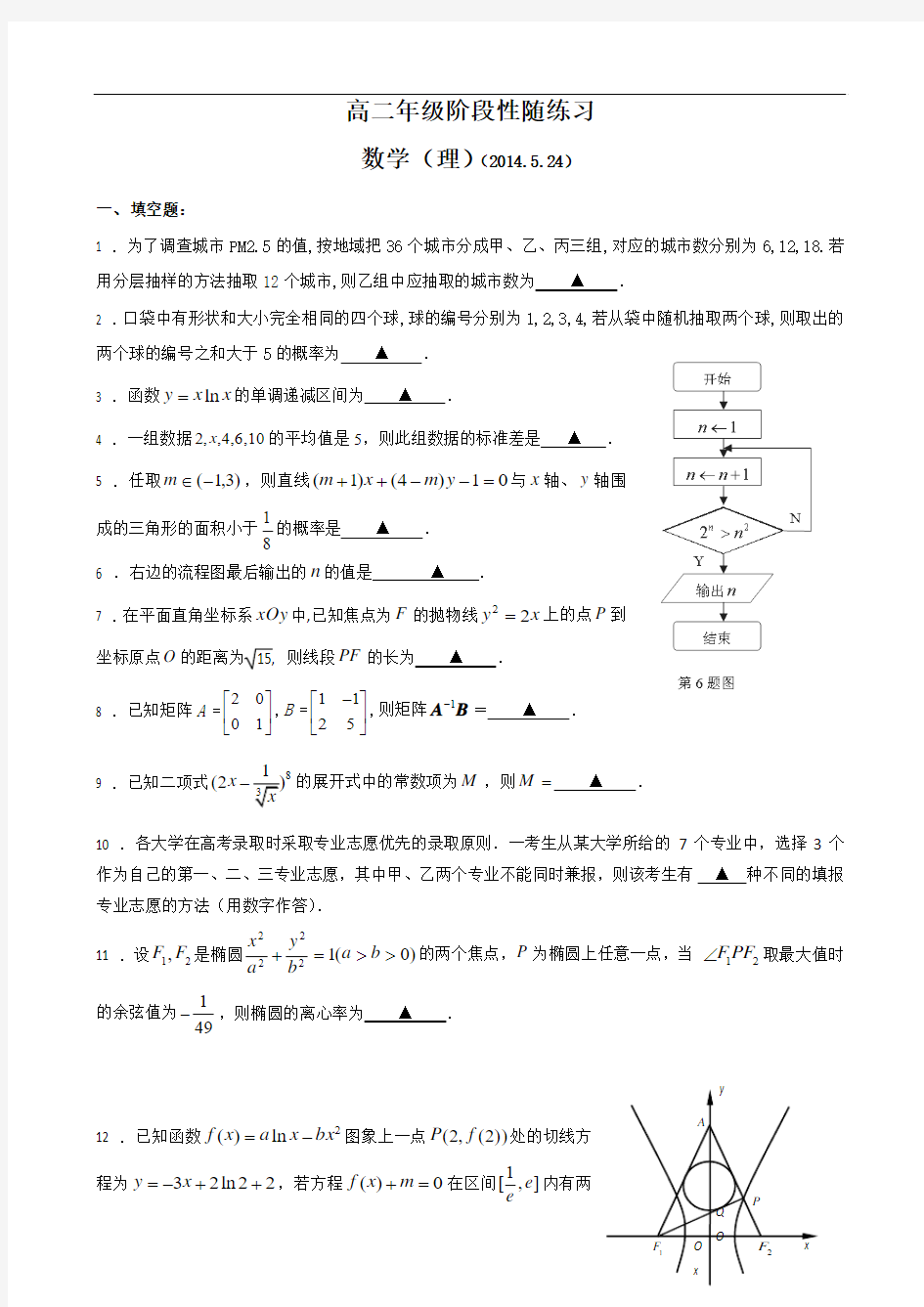 江苏省盐城中学2013-2014学年高二下学期5月月考试题 数学(理) Word版含答案