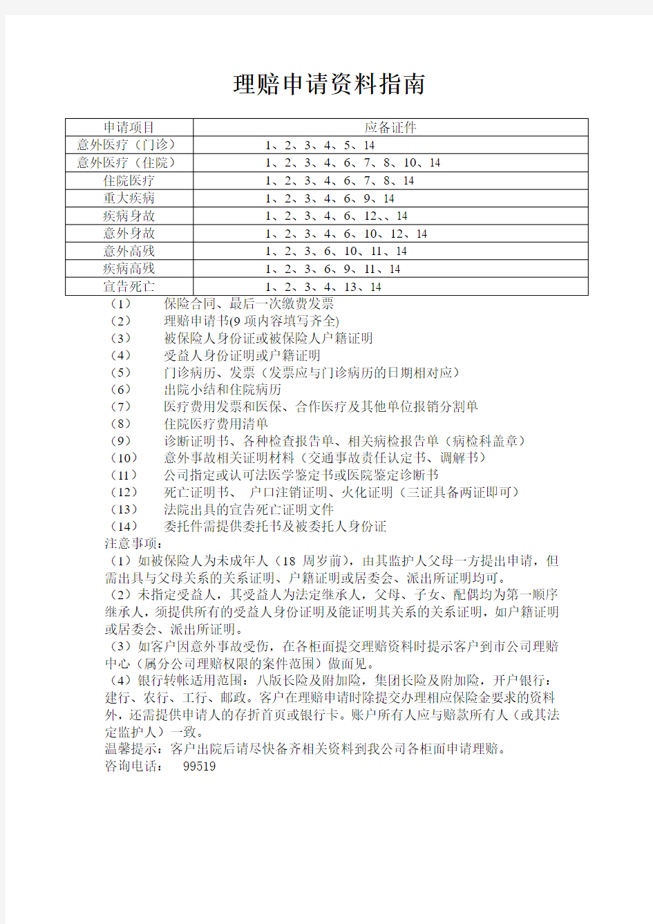 人寿保险理赔材料清单