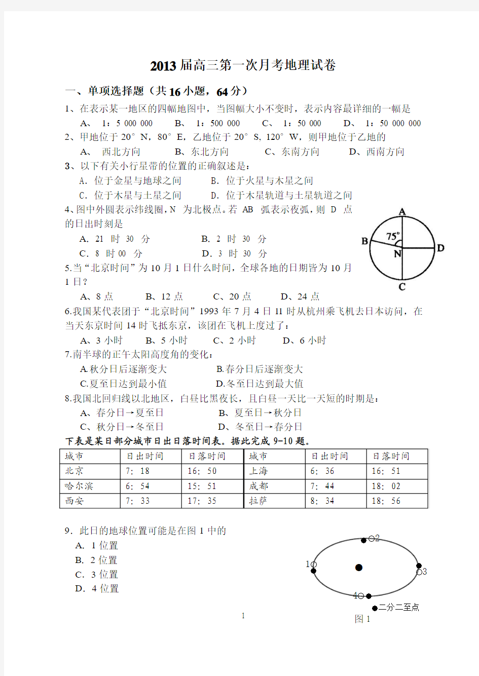 2013届高三第一次月考地理试卷