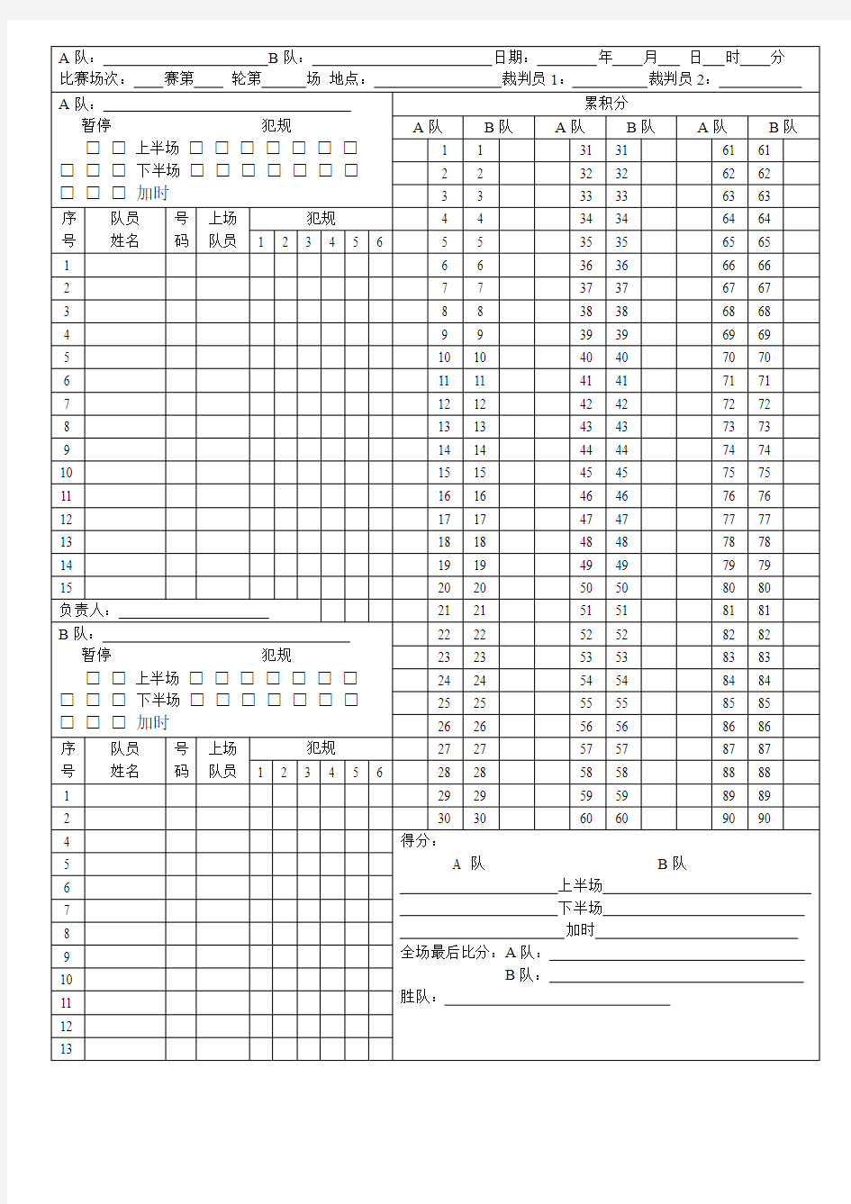 篮球赛计分表模板