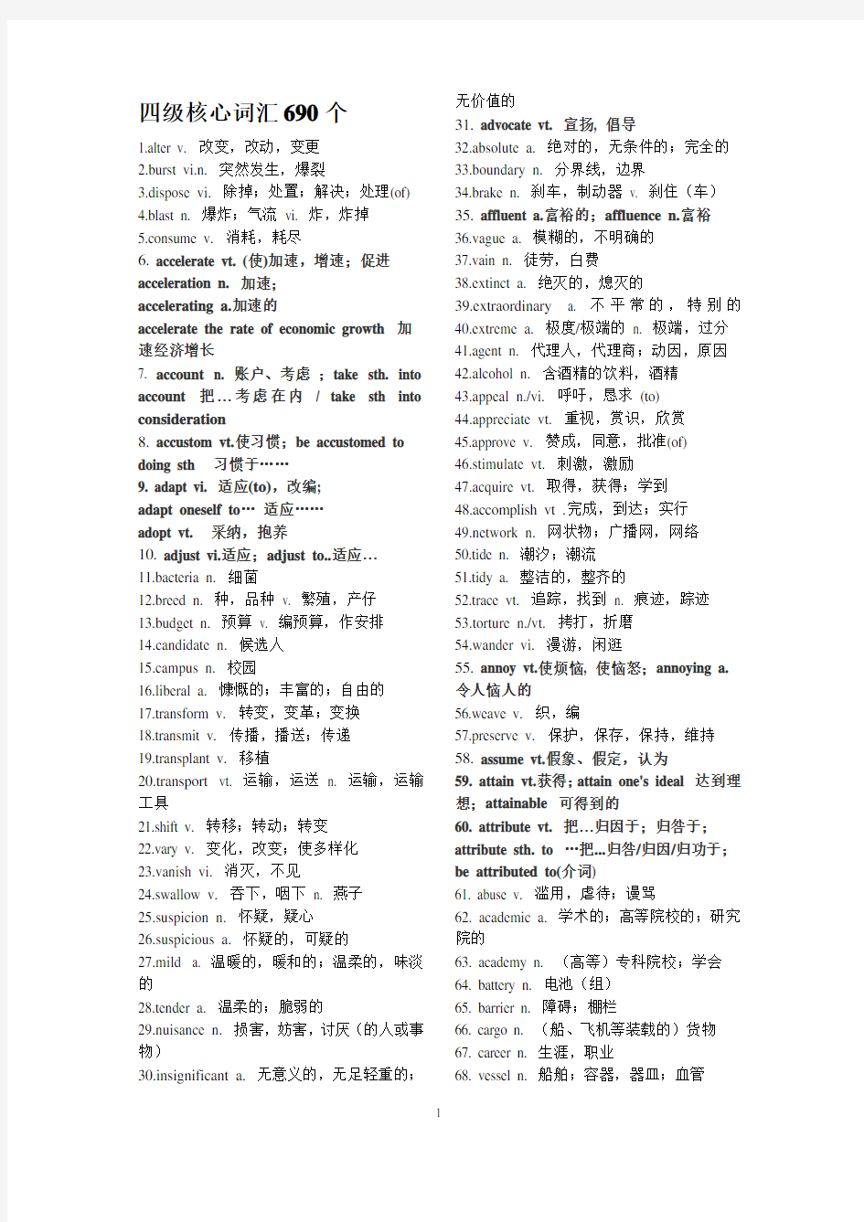 四级核心词汇690个附高频词汇表