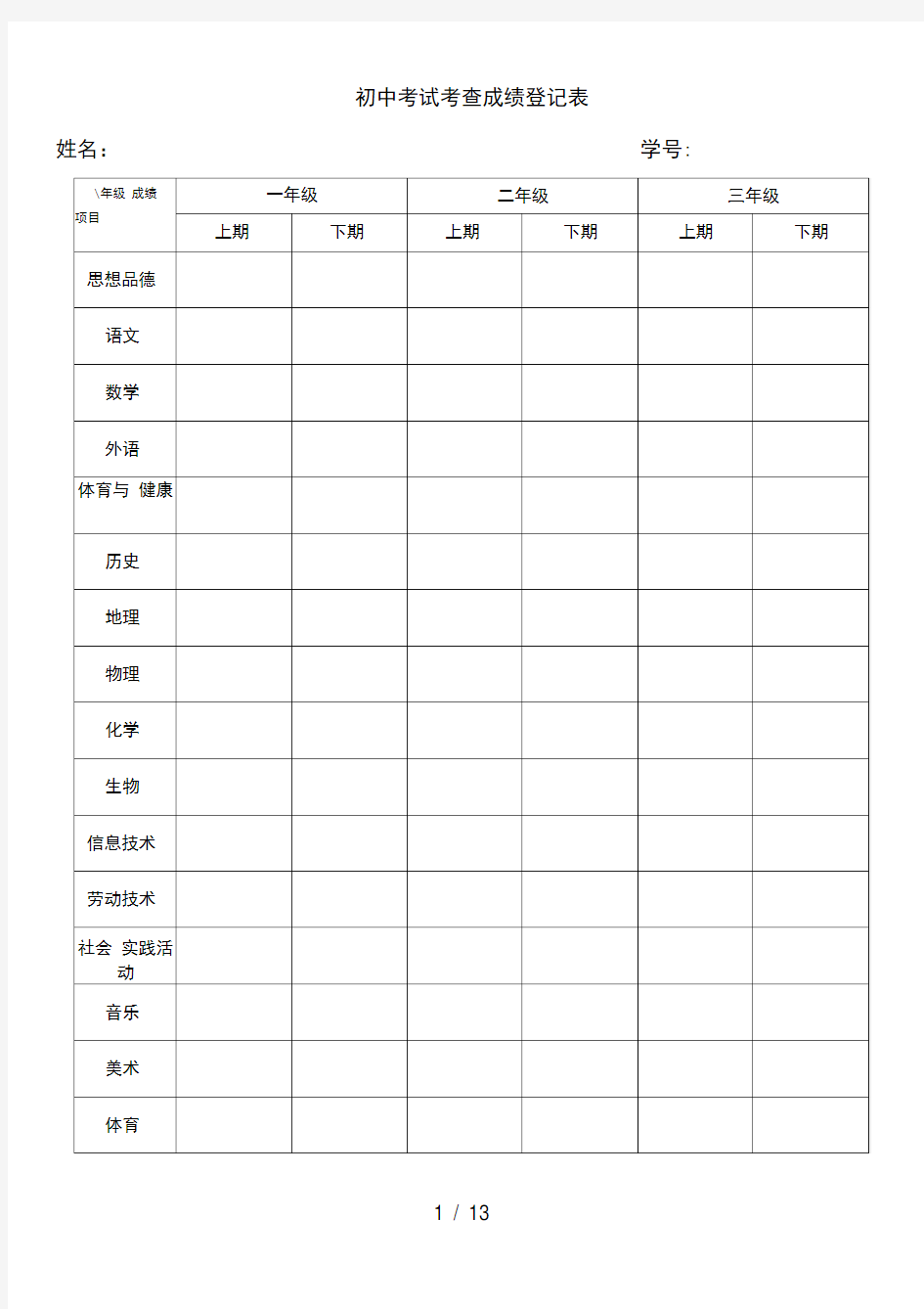 初中考试考查成绩登记表