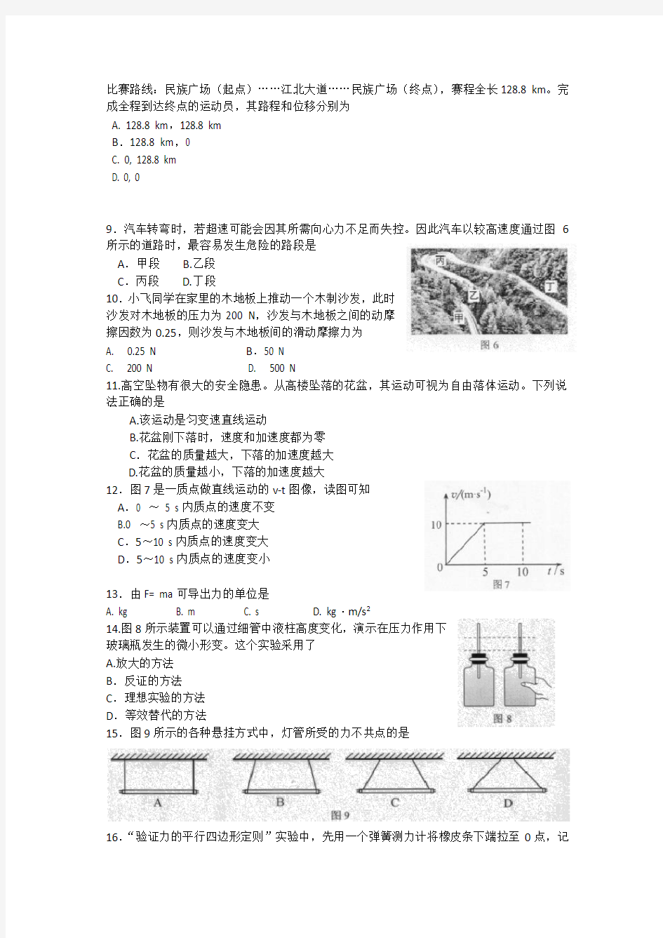2017年12月广西壮族自治区普通高中学业水平考试物理试题(无答案)