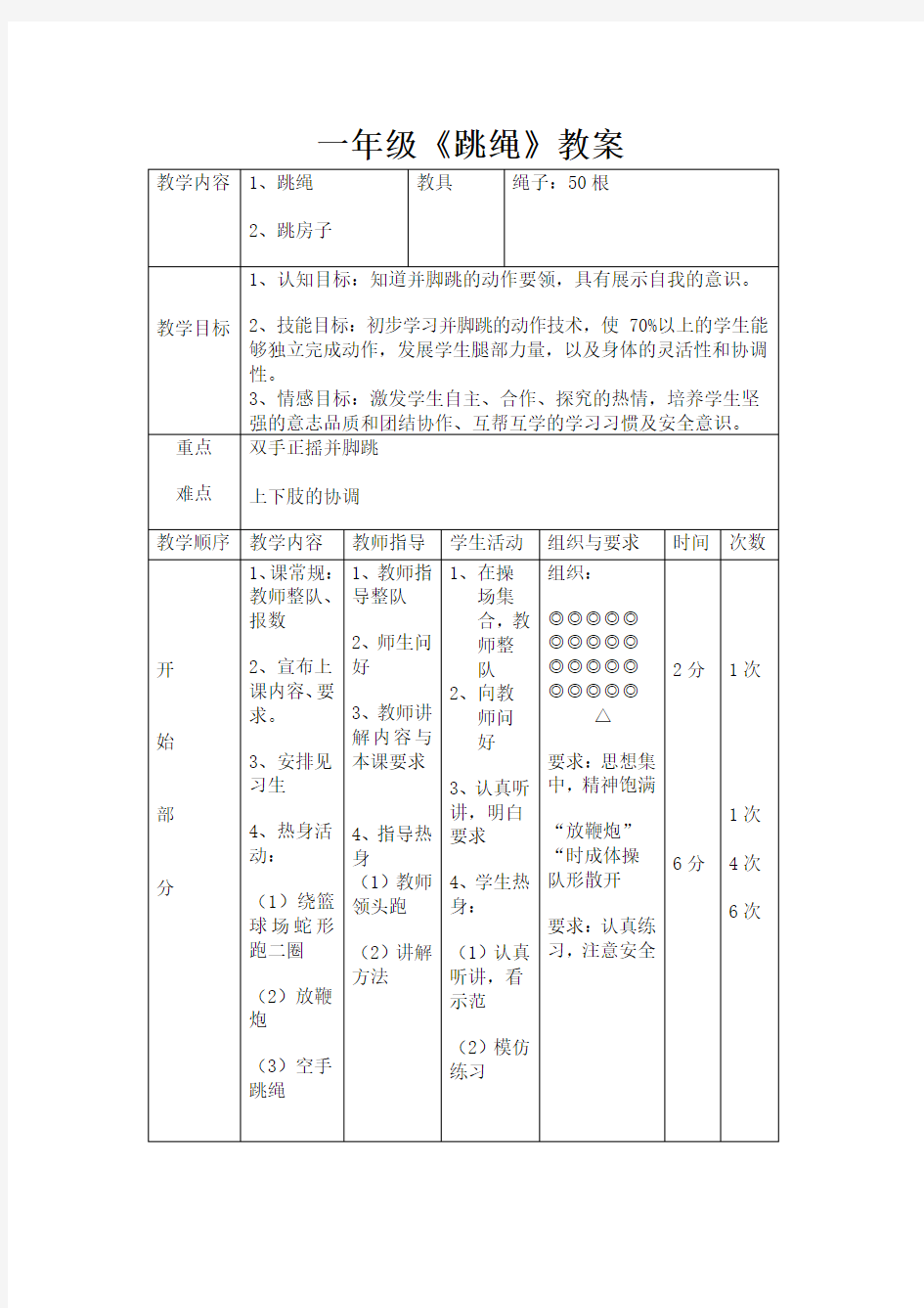 一年级体育教案跳绳