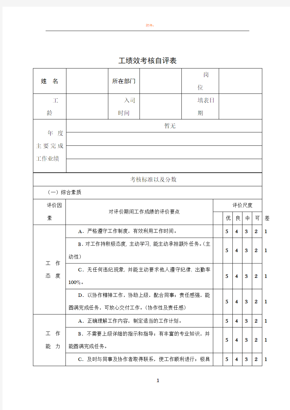 员工绩效考核自评表