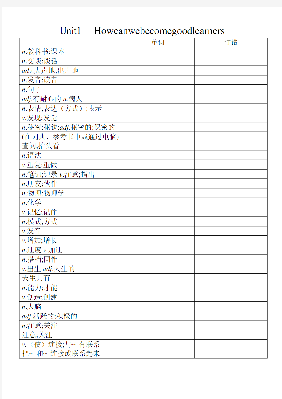 人教版九年级英语单词默写表(无答案)