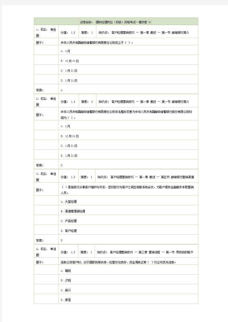 2021年新版试卷名称理财经理岗位初级资格考试模拟卷