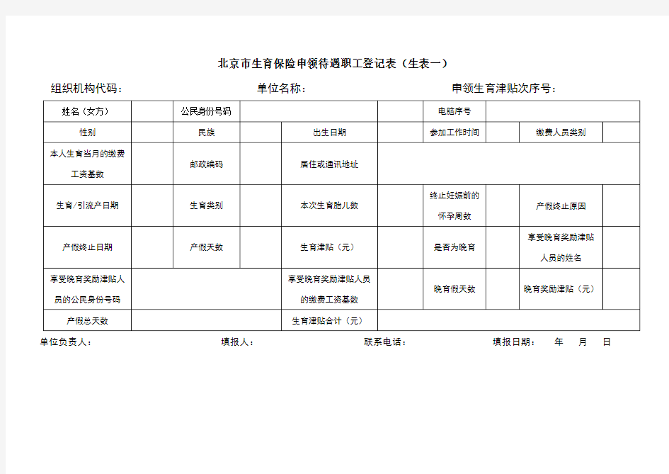 《北京市生育保险申领待遇职工登记表》(生表一)