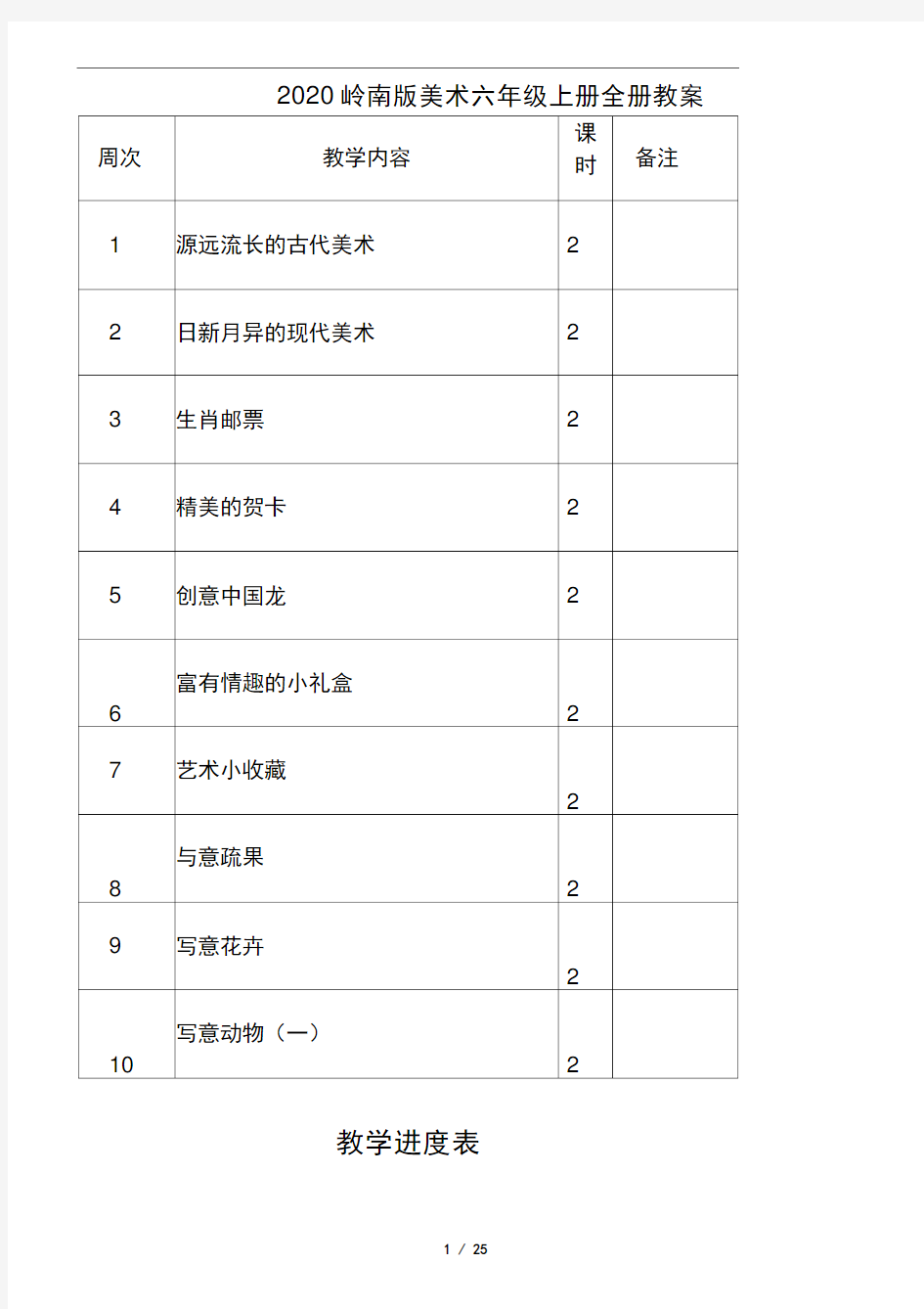 2020岭南版美术六年级上册全册教案