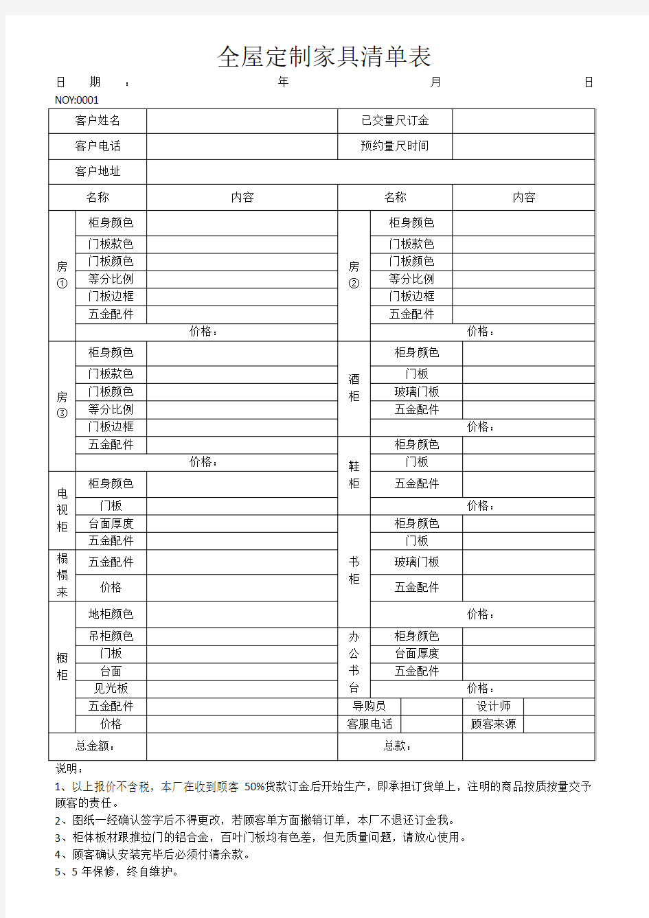 全屋定制家具清单表