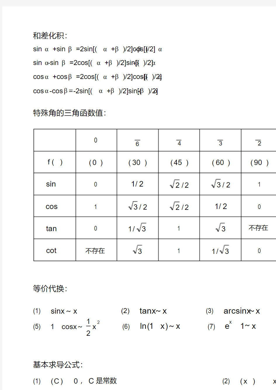 (完整版)高等数学常用公式汇总————